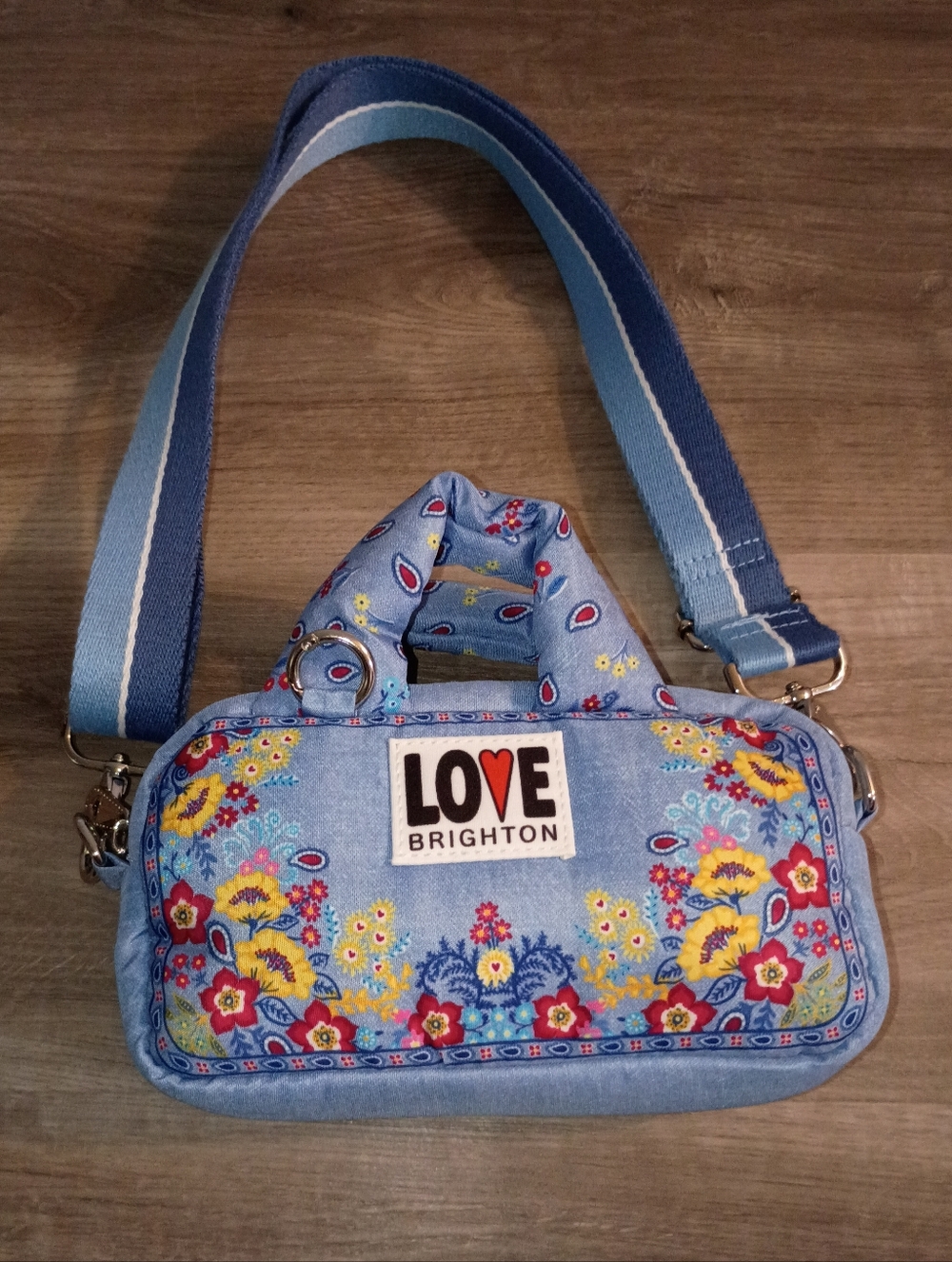 Brighton Women's Blue Multicolor Bandana Love Crossbody Puffer Mini Handbag